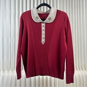 Holiday Red Sweater with Embellished Collar